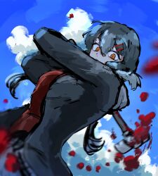 Rule 34 | 1girl, black hair, black jacket, blood, blood drop, blue sky, closed mouth, cloud, commentary request, cookie (touhou), cowboy shot, dress, dutch angle, hair between eyes, hair ornament, hairclip, hammer, highres, holding, holding hammer, jacket, long bangs, long hair, long sleeves, looking at viewer, motion blur, odoro (nicoseiga81184094), orange eyes, pov, red dress, sky, solo, yuyusu (cookie)