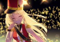 Rule 34 | 1girl, ^ ^, absurdres, bang dream!, blonde hair, blurry, blurry background, breasts, closed eyes, commentary request, depth of field, epaulettes, facing viewer, glowstick, grin, hand up, hat, headset, highres, long hair, medium breasts, poyo (shwjdddms249), red shirt, shako cap, shirt, sleeveless, sleeveless shirt, smile, solo, tsurumaki kokoro, upper body, very long hair, white hat, wrist cuffs