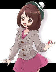 Rule 34 | 1girl, :d, brown eyes, brown hair, buttons, cable knit, cardigan, collared dress, commentary request, creatures (company), dress, game freak, gloria (pokemon), green hat, grey cardigan, happy, haru (haruxxe), hat, highres, holding, holding poke ball, hooded cardigan, nintendo, open mouth, pink dress, poke ball, poke ball (basic), pokemon, pokemon swsh, smile, solo, tam o&#039; shanter, tongue