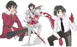 Rule 34 | 1boy, :|, annoyed, armor, black hair, black necktie, black pants, blood, blood on clothes, blood on face, bloody weapon, cloak, unworn cloak, closed mouth, collared shirt, constantine xi (fate), cropped legs, cup, drinking, earrings, fate/grand order, fate (series), figure four sitting, full body, gloves, grey eyes, hair between eyes, halo, highres, holding, holding clothes, holding cup, holding sword, holding weapon, invisible chair, jewelry, kitada, long hair, long sleeves, male focus, multiple views, necktie, no jacket, open mouth, pants, red gloves, red tunic, shirt, short hair, simple background, sitting, standing, stepping, sweatdrop, sword, tie clip, translation request, tunic, weapon, white armor, white background, white cloak, white gloves, white pants, white shirt, white tunic