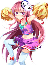 Rule 34 | 1girl, armpits, blush, cheerleader, e.o., expressionless, expressive clothes, hata no kokoro, highres, long hair, looking at viewer, mask, midriff, miniskirt, navel, noh mask, pink hair, pom pom (cheerleading), purple eyes, simple background, skirt, solo, thighhighs, touhou, very long hair, white background, white thighhighs