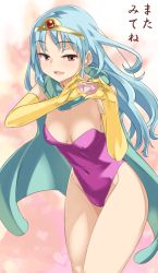 Rule 34 | 1girl, blue hair, breasts, cape, circlet, commentary request, covered navel, dragon quest, dragon quest iii, elbow gloves, gloves, groin, heart, heart hands, imaichi, leotard, long hair, looking at viewer, open mouth, red eyes, sage (dq3), simple background, smile, solo