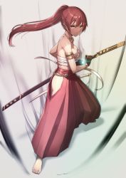 Rule 34 | 1girl, absurdres, armlet, bare shoulders, barefoot, breasts, brown eyes, brown gloves, cleavage, commission, dungeon and fighter, duplicate, feet, fighting stance, full body, glint, gloves, hakama, hakama skirt, hand on hilt, high ponytail, highres, hip vent, ichihachiyon, japanese clothes, jewelry, medium breasts, midriff, necklace, ootachi, pixiv commission, ponytail, red hair, red skirt, sarashi, sheath, skindentation, skirt, solo, standing, sweat, toes, unsheathing