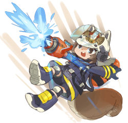 Rule 34 | 1girl, arknights, boots, brown eyes, brown hair, firefighter, full body, helmet, knee pads, nemo (leafnight), open mouth, shaw (arknights), short hair, shorts, solo, squirrel tail, tail, visor, white background