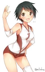 Rule 34 | 10s, 1girl, bare shoulders, black hair, brown eyes, elbow pads, highres, image sample, kantai collection, metindone, mogami (kancolle), short hair, shorts, smile, solo, sportswear, sweatdrop, thighhighs, v-neck, volleyball uniform, white thighhighs