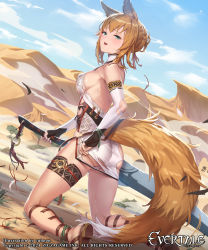 Rule 34 | 1girl, animal ears, artist name, breasts, commentary request, company connection, copyright name, cuboon, dress, evertale, fox ears, fox tail, green eyes, hair bun, highres, light brown hair, looking at viewer, medium breasts, mysha, official art, open mouth, shiny skin, short dress, simple background, single hair bun, sleeveless, solo, sword, tail, thigh strap, thighs, torn clothes, weapon