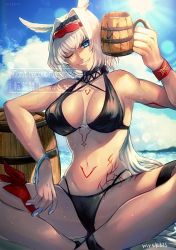 Rule 34 | 1girl, animal ears, bare shoulders, bikini, black bikini, blue eyes, body markings, breasts, caenis (fate), caenis (swimsuit rider) (fate), caenis (swimsuit rider) (first ascension) (fate), cleavage, collarbone, fate/grand order, fate (series), goggles, hairband, large breasts, long hair, looking at viewer, murasaki yuna, navel, solo, swimsuit, thighs, very long hair, watermark, white hair
