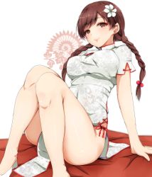 Rule 34 | 10s, 1girl, arm support, bare legs, bed sheet, between legs, braid, breasts, brown eyes, brown hair, china dress, chinese clothes, closed mouth, dress, floral print, flower, hair bobbles, hair flower, hair ornament, highres, idolmaster, idolmaster cinderella girls, knees together feet apart, knees up, large breasts, leaning back, long hair, looking at viewer, nitta minami, no socks, red ribbon, ribbon, ryuu., shiny skin, shoes, short sleeves, side slit, sitting, smile, solo, tassel, twin braids, white dress, white footwear