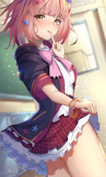 Rule 34 | 1girl, ass, bangle, blush, bow, bowtie, bracelet, breasts, chieru (princess connect!), classroom, clothes lift, coat, dress, feet out of frame, finger to mouth, hair ornament, hand on own hip, hand up, headwear request, highres, jewelry, licking lips, looking at viewer, medium breasts, mizuha (pixiv56938668), open clothes, open coat, pink bow, pink hair, princess connect!, purple coat, school uniform, shirt, short hair, short sleeves, shushing, skirt, skirt lift, smile, solo, sparkle background, star (symbol), star hair ornament, thighhighs, thighs, tongue, tongue out, wavy hair, white dress, white shirt, yellow eyes