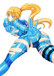 Rule 34 | 1girl, ass, clenched hand, from behind, jeibii, metroid, samus aran, solo, tagme, torn clothes, zero suit