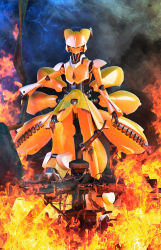 Rule 34 | 1girl, 3d, aircraft, female focus, fire, helicopter, highres, mecha, mechanization, no humans, robot, solo, touhou, wreckage, yakumo ran