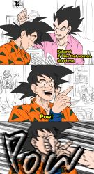 Rule 34 | 3boys, 3koma, baggy pants, cape, closed eyes, collared shirt, comic, curtains, dragon ball, dragonball z, english text, face punch, finger gun, half-closed eye, highres, in the face, jorongbak, male focus, multiple boys, open mouth, pants, parody, partially colored, piccolo, pointy ears, punching, shirt, shoulder pads, smile, son goku, subtitled, that 70s show, turban, vegeta