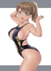 Rule 34 | 1girl, :d, alternate costume, bare arms, bare legs, bare shoulders, black one-piece swimsuit, blue eyes, blush, breasts, brown hair, cleavage, collarbone, competition swimsuit, cowboy shot, from side, hair between eyes, highres, intrepid (kancolle), kantai collection, large breasts, looking at viewer, one-piece swimsuit, open mouth, ponytail, short hair, simple background, smile, solo, swimsuit, wa (genryusui), white background