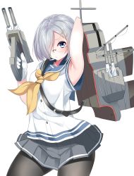 Rule 34 | 10s, 1girl, absurdres, arm behind head, armpits, bad id, bad pixiv id, bespectacled, black pantyhose, blue eyes, cannon, glasses, gloves, hair ornament, hair over one eye, hairclip, hamakaze (kancolle), highres, kantai collection, nebusoku, neckerchief, pantyhose, school uniform, serafuku, short hair, short sleeves, silver hair, skirt, solo, turret, weapon, white background, white gloves, yellow neckerchief