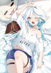 Rule 34 | 1girl, absurdres, ahoge, alternate costume, arm up, bed sheet, blue eyes, blue hair, blue shorts, blush, book, collarbone, commentary request, cowboy shot, erikin 122525, fang, furina (genshin impact), genshin impact, glasses, hair between eyes, highres, indoors, knee up, light blue hair, long hair, looking at viewer, lying, multicolored hair, navel, on back, on bed, one eye closed, open mouth, paimon (genshin impact), pillow, round eyewear, shadow, shirt, short sleeves, shorts, sidelocks, skin fang, solo, stomach, streaked hair, two-tone hair, waking up, white hair, white shirt, yawning