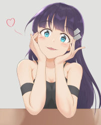 Rule 34 | 1girl, blue eyes, blush, breasts, elbows on table, fang, hair ornament, hands on own face, heart, highres, kiyal bachika, long hair, looking at viewer, purple hair, smile, solo, suicabar72, table, tengen toppa gurren lagann