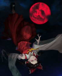 Rule 34 | 1girl, black footwear, black hair, detached sleeves, full moon, glowing, glowing eyes, gohei, hair tubes, hakurei reimu, holding, inishie kumo, japanese clothes, long sleeves, looking at viewer, miko, moon, necktie, one-hour drawing challenge, parted lips, red eyes, red moon, red skirt, red vest, shoes, skirt, skull, solo, touhou, upside-down, vest, yellow necktie