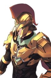 Rule 34 | 1boy, achilles (fate), armor, closed mouth, commentary request, corinthian helmet, expressionless, fate/apocrypha, fate/grand order, fate (series), gold armor, greek helmet, green hair, helmet, highres, hikichi sakuya, looking away, male focus, short hair, shoulder armor, simple background, solo, upper body, vambraces, white background, yellow eyes