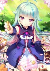 Rule 34 | 1girl, aqua hair, arm up, blue coat, blue hair, bracer, cake, candy, character request, coat, dress, expressionless, flower, food, food on face, giving, grass, handkerchief, highres, long hair, looking at viewer, outdoors, picnic, picnic basket, red eyes, religious offering, sandwich, sitting, sleeveless, sleeveless coat, solo, very long hair, white dress, yadamon (neverland)