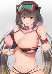 Rule 34 | 1girl, artist request, breasts, brown hair, clothes pull, covered erect nipples, fate/grand order, fate (series), goggles, goggles on head, highres, huge breasts, kitajima yuuki, long hair, navel, one-piece swimsuit pull, osakabehime (fate), osakabehime (swimsuit archer) (fate), scarf, solo, swimsuit, tongue, tongue out