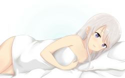 Rule 34 | 1girl, azur lane, bed sheet, blush, breasts, cleavage, collarbone, commentary, cowboy shot, english commentary, enterprise (azur lane), hair between eyes, highres, long hair, looking at viewer, lying, medium breasts, naked sheet, on side, pillow, purple eyes, silver hair, solo, under covers, yuujoduelist