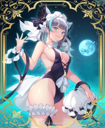 Rule 34 | 1girl, aqua eyes, azur lane, ball, bare shoulders, beachball, black hair, black one-piece swimsuit, blush, border, breasts, cheshire (azur lane), cleavage, commentary, flower border, frills, full moon, groin, hairband, hand up, highres, holding, holding ball, holding beachball, large breasts, leg strap, looking at viewer, maid headdress, moon, multicolored hair, night, one-piece swimsuit, ribbon, sky, smile, solo, star (sky), starry sky, streaked hair, swimsuit, thigh strap, thighhighs, thighs, uosaasou, white thighhighs, wrist cuffs