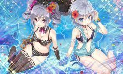 Rule 34 | 10s, 2girls, anastasia (idolmaster), arm up, bikini, blue eyes, breasts, cleavage, collar, drill hair, duplicate, flower, frills, gloves, hair flower, hair ornament, hairband, holding hands, hibiscus, highres, idolmaster, idolmaster cinderella girls, kanzaki ranko, lingerie, lolita fashion, long hair, multiple girls, navel, open mouth, red eyes, short hair, silver hair, sitting, smile, swimsuit, thighhighs, twin drills, twintails, umbrella, underwear, urabi (tomatohouse)