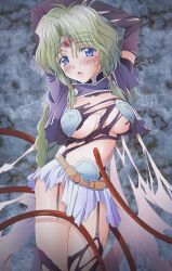 Rule 34 | 1girl, blush, breasts, circlet, green hair, haou taikei ryuu knight, highres, large breasts, long hair, looking at viewer, nori (norimakigumo), open mouth, paffy pafuricia, purple eyes, skirt, solo, sweat, thighhighs, torn clothes, twintails, very long hair