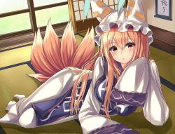 Rule 34 | 1girl, 7saki, :o, absurdres, alternate hair length, alternate hairstyle, animal hat, arm support, arm up, bad id, bad pixiv id, blonde hair, blush, breasts, commentary, dress, fox tail, hair between eyes, hanging scroll, hat, highres, large breasts, long hair, looking at viewer, lying, mob cap, multiple tails, on floor, on side, scroll, sleeves past fingers, sleeves past wrists, sliding doors, solo, tabard, tabi, tail, tatami, touhou, very long hair, white dress, white legwear, yakumo ran, yellow eyes