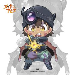 Rule 34 | absurdres, chibi, collar, ed cvs, glowing, gun, highres, japan, made in abyss, mechanical arms, metal collar, regu (made in abyss), robot, simple background, solo, weapon