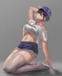 Rule 34 | 1girl, arm behind head, baseball cap, black hair, blue hat, breasts, denim, denim shorts, full body, grey background, grey thighhighs, grin, hair over one eye, hat, highres, hot, hunyan, legs together, long legs, looking at viewer, navel, no shoes, off shoulder, on floor, original, purple eyes, seiza, shirt, short hair, shorts, sitting, smile, solo, sweat, t-shirt, thighhighs, thighs, tomboy, tomboy (hunyan), underboob