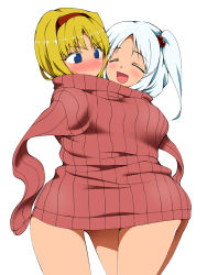 Rule 34 | 2girls, alice margatroid, bad id, bad pixiv id, blonde hair, blue eyes, blush, closed eyes, female focus, fuantei, hair bobbles, hair ornament, hairband, multiple girls, mystic square, naked sweater, open mouth, ribbed sweater, shared clothes, shared sweater, shinki (touhou), side ponytail, silver hair, smile, sweater, touhou, touhou (pc-98)