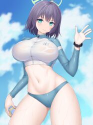 Rule 34 | 1girl, asamura hiori, bikini, blue archive, blue bikini, blue eyes, blue sky, breasts, closed mouth, cloud, commentary request, fingernails, green halo, halo, highres, large breasts, long sleeves, looking at viewer, navel, no headwear, official alternate costume, outdoors, purple hair, saki (blue archive), saki (swimsuit) (blue archive), short hair, sky, smile, solo, stomach, swimsuit, thighs, watch, wet, wristwatch, zipper