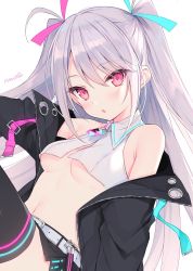 Rule 34 | 1girl, bare shoulders, belt, black jacket, black skirt, black thighhighs, breasts, collared shirt, commentary request, crop top, hair ribbon, indie virtual youtuber, jacket, long hair, looking at viewer, midriff, miniskirt, navel, no bra, off shoulder, open clothes, open jacket, otomata ruka, parted lips, pink eyes, ribbon, rurudo, shirt, signature, silver hair, skirt, sleeveless, sleeveless shirt, small breasts, solo, thighhighs, two side up, underboob, virtual youtuber, white background, white shirt