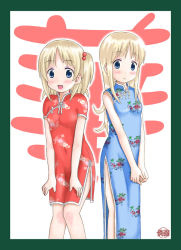 Rule 34 | 2girls, :d, ana coppola, blonde hair, blue eyes, blush, child, china dress, chinese clothes, dress, eyeshadow, floral print, framed, hair bobbles, hair ornament, ichigo mashimaro, long hair, makeup, multiple girls, one side up, open mouth, red dress, shinjou ryou, short sleeves, sleeveless, sleeveless dress, smile, v arms