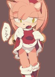 Rule 34 | 1girl, amy rose, animal nose, aoki (fumomo), blush, body fur, brown background, clothes lift, dress, dress lift, embarrassed, fang, female focus, furry, furry female, half-closed eyes, panties, simple background, solo, sonic (series), underwear