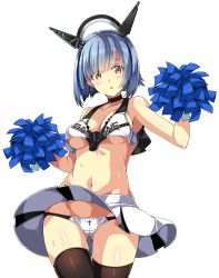 Rule 34 | 1girl, azur lane, black thighhighs, blouse, blue hair, breasts, cheering, cheerleader, clothes writing, collarbone, commentary request, cowboy shot, crop top, crop top overhang, floating headgear, gascogne (azur lane), halo, headgear, highres, holding, holding pom poms, light blush, looking at viewer, macaroni hourensou, mechanical halo, medium breasts, midriff, miniskirt, navel, panties, pantyshot, pom pom (cheerleading), pom poms, shirt, short hair, simple background, skirt, sleeveless, sleeveless shirt, solo, sweat, thighhighs, underwear, white background, white panties, white shirt, white skirt, yellow eyes