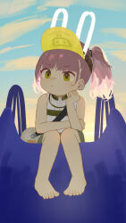 Rule 34 | 1girl, absurdres, animal ears, bare arms, bare shoulders, barefoot, closed mouth, fake animal ears, full body, girls&#039; frontline neural cloud, green eyes, hand on own cheek, hand on own face, highres, pink hair, shirt, sitting, sleeveless, sleeveless shirt, solo, taisch (neural cloud), twintails, visor cap, white shirt, xiaotsihasiha