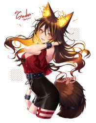 Rule 34 | 1girl, :d, ahoge, animal ears, belt, black belt, black ribbon, black skirt, blonde hair, blush, bracelet, breasts, brown hair, chimachi, cleavage, colored inner hair, commentary, commission, cowboy shot, cropped legs, detached sleeves, dog ears, dog tail, english commentary, fire, flaming ears, floating hair, frilled sleeves, frills, hair between eyes, hand in own hair, highres, indie virtual youtuber, jewelry, long hair, looking at viewer, medium breasts, miniskirt, multicolored hair, open mouth, pencil skirt, red legwear, red shirt, ribbon, ring, shirt, signature, simple background, sinder (vtuber), sinder (vtuber) (1st costume), skeb commission, skirt, smile, solo, spiked belt, spiked bracelet, spikes, streaked hair, studded legwear, tail, thigh strap, two-tone hair, virtual youtuber, white background, yellow eyes