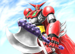 Rule 34 | axe, cape, getter-1, getter robo, highres, holding, holding axe, horns, looking down, mecha, no humans, redesign, robot, ryu suio shou, sky, solo, super robot, yellow eyes