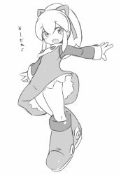 Rule 34 | 1girl, :d, blush, boots, dress, full body, greyscale, hair between eyes, hair ribbon, high ponytail, karukan (monjya), knee boots, long hair, long sleeves, mega man (classic), mega man (series), monochrome, open mouth, outstretched arm, ponytail, ribbon, roll (mega man), shirt, simple background, sleeveless, sleeveless dress, sleeves past wrists, smile, solo, teeth, upper teeth only, white background