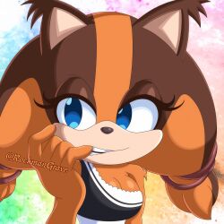 badger blue_eyes brown_fur brown_hair dress finger_bite hair_tie orange_fur orange_hair rockmangrave sega sonic_(series) sonic_boom_(series) sticks&#039;_finger_bite_(meme) sticks_the_badger teeth twintails