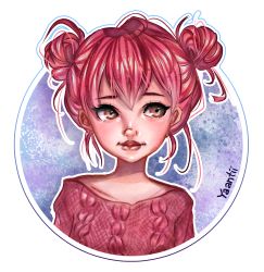 Rule 34 | 1girl, artist name, brown eyes, closed mouth, commentary, double bun, ellie (yanting sun), english commentary, eyelashes, hair between eyes, hair bun, highres, looking to the side, original, pink hair, pink sweater, short hair, solo, sweater, yanting sun