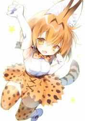Rule 34 | 10s, animal ears, breasts, cat ears, cat tail, elbow gloves, gloves, highres, jumping, kemono friends, large breasts, open mouth, orange hair, orange skirt, serval (kemono friends), serval tail, skirt, smile, solo, star (symbol), tail, thighhighs, yellow eyes, yoruneko