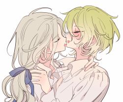 Rule 34 | 2boys, bad id, bad pixiv id, blue ribbon, blush, closed eyes, collared shirt, ensemble stars!, face-to-face, facing another, from side, green hair, grey hair, hair between eyes, hair ribbon, hand on another&#039;s neck, hand on another&#039;s shoulder, hand up, licking, licking another&#039;s face, long hair, long sleeves, male focus, meremero, multiple boys, open mouth, profile, ran nagisa, ribbon, shirt, short hair, simple background, smile, tomoe hiyori, upper body, white background, white shirt, yaoi