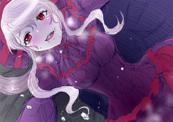 Rule 34 | 1boy, 1girl, ainz ooal gown, blush, breasts, colored skin, eyelashes, fang, from below, gothic lolita, hair between eyes, large breasts, licking lips, lolita fashion, masochism, naughty face, overlord (maruyama), red eyes, rurukichi, saliva, shalltear bloodfallen, sitting, sitting on person, slit pupils, smile, solo, sweat, tongue, tongue out, white skin
