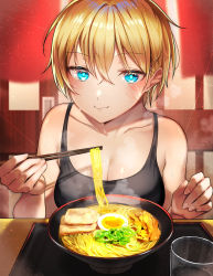 Rule 34 | 1girl, alternate costume, animification, apex legends, black tank top, blonde hair, blue eyes, bowl, breasts, chopsticks, cleavage, collarbone, cup, eating, egg, facial scar, food, hair behind ear, highres, holding, holding chopsticks, lichtenberg figure, looking at viewer, medium breasts, nitogebeto, noodles, ramen, scar, scar on cheek, scar on face, short hair, sitting, smile, solo, tank top, udon, wattson (apex legends)