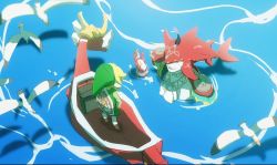 Rule 34 | 2boys, bird, blonde hair, boat, fish boy, from above, green hat, hat, link, male focus, monster boy, multiple boys, nintendo, no-kan, partially submerged, pointy ears, seagull, shield, shield on back, sidon, swimming, the king of red lions, the legend of zelda, the legend of zelda: breath of the wild, the legend of zelda: the wind waker, time paradox, toon link, tunic, water, watercraft