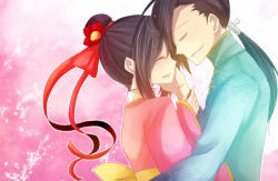 Rule 34 | 1boy, 1girl, black hair, chinese clothes, closed eyes, fullmetal alchemist, lan fan, ling yao, pink background, ponytail