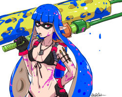Rule 34 | 1girl, aged up, akairiot, artist name, bikini, bikini top only, black bikini, black gloves, blue hair, breasts, cigarette, cleavage, dog tags, domino mask, gloves, hand on own hip, hime cut, ink, ink tank (splatoon), inkling, inkling girl, inkling player character, jewelry, long hair, looking at viewer, mask, messy, monster girl, navel, necklace, nintendo, over shoulder, paint, paint roller, paintbrush, pointy ears, red eyes, simple background, sketch, small breasts, smoking, solo, splat roller (splatoon), splatoon (series), splatoon 1, swimsuit, tentacle hair, upper body, water gun, weapon, weapon over shoulder, white background